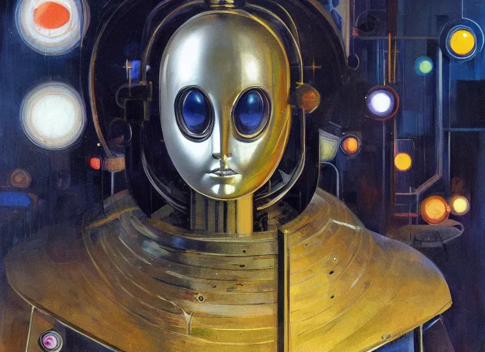 Image similar to a portrait headshot of sci fi metallic human, bright eyes, melancholic complex geometric figure liminal machinery by oskar schlemmer, moebius, john berkey, film grain, oil on canvas, portrait facial head, featured on artstation, hd wallpaper, 8 k, bright colors