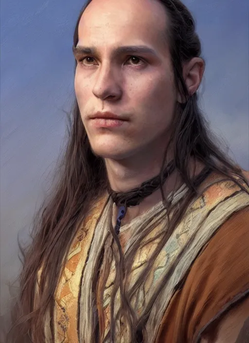 Prompt: a young shaman in his twenties with long light brown hair tied back, a large forehead, a widows peak and a round face with high cheekbones as a realistic d & d fantasy character, portrait art by donato giancola and greg rutkowski, vintage retro, realistic face, digital art, trending on artstation