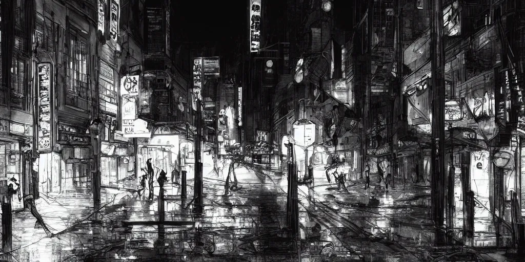 Image similar to nihei, the streets of salt lake city at night, black and white photography, noir, knights, detailed, artstation