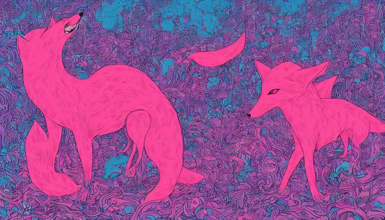 Prompt: pink cool fox by kilian eng, victo ngai, josan gonzalez