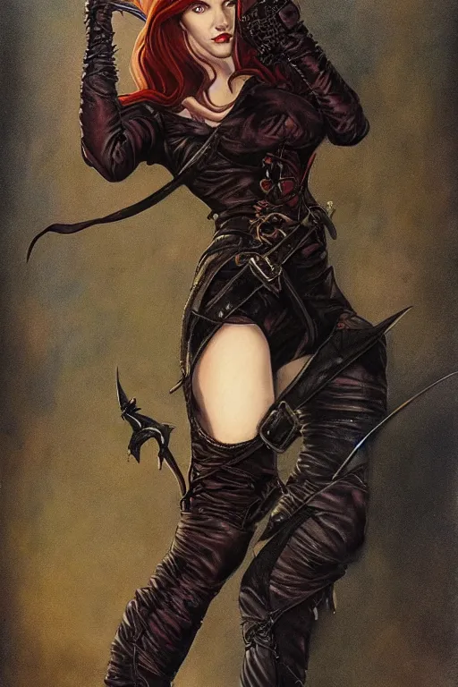 Image similar to Portrait of a beautiful female Half-Elf Rogue in high heeled leather boots, extremely detailed fantasy art in the style of Gerald Brom