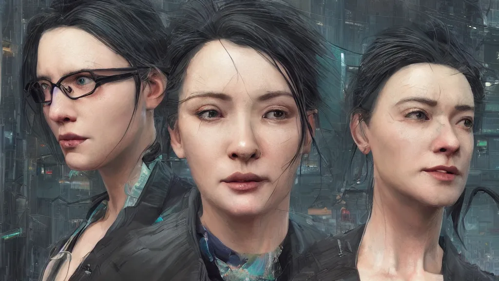 Image similar to a hyper realistic character concept art of a cyberpunk real estate agent, half body, front facing camera, 4k rendered in Octane, trending in artstation, cgsociety, 4k post-processing highly detailed by wlop, Junji Murakami, Mucha Klimt, Sharandula, Hiroshi Yoshida, Artgerm, Craig Mullins,dramatic, moody cinematic lighting