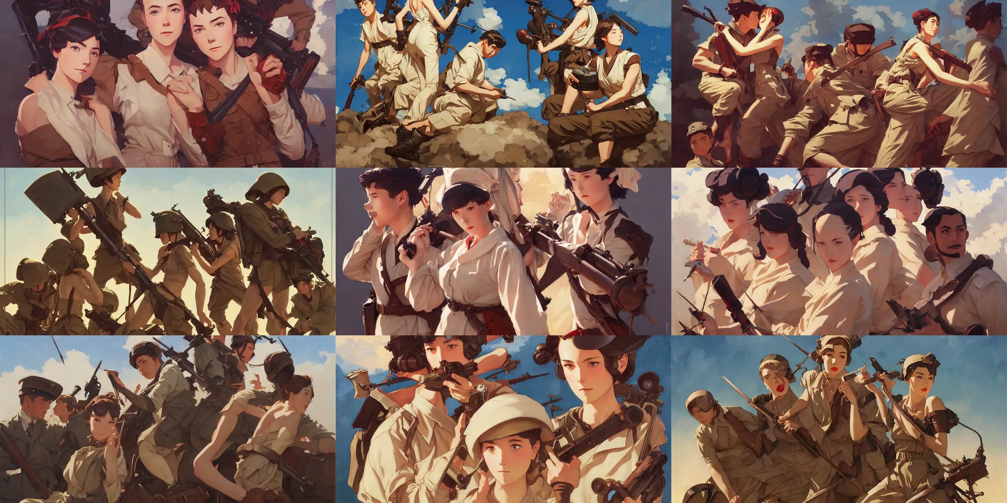 Prompt: war, in the style of studio ghibli, j. c. leyendecker, greg rutkowski, artgerm