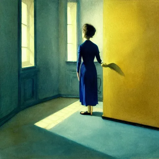 Prompt: close up of a girl in a blue and gold haunted liminal abandoned room, watercolor by edward hopper, by gottfried helnwein, by hammershøi, art noveau, highly detailed, strong lights, liminal, eerie, bright pastel colors,