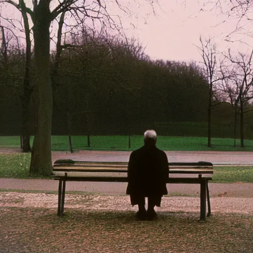 Image similar to Lonely man sitting on bench photographed by Andrej Tarkovsky, kodak 5247 stock, color photograph