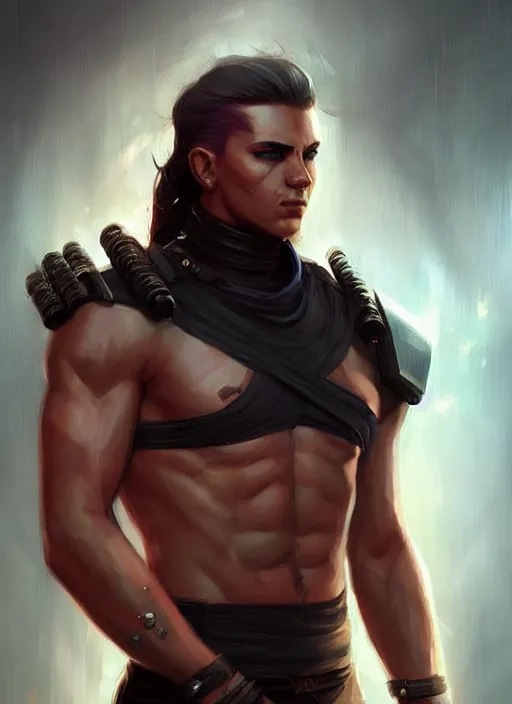 Image similar to « a portrait of a muscular cyberpunk male warrior, a digital painting by charlie bowater, featured on cgsociety, fantasy art, behance hd, wiccan, artstation hd »