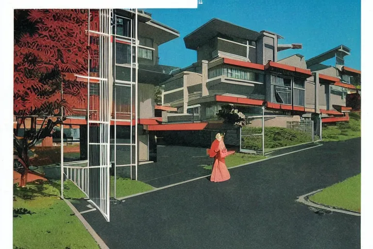 Image similar to 1 9 7 9 omni magazine cover of gated community in japan. large modern houses. cyberpunk style by vincent di fate