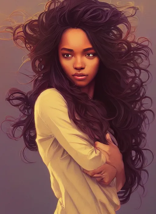 Prompt: handsome young black women with shoulder length brown hair, half body shot, path traced, highly detailed, high quality, digital painting, alena aenami, lilia alvarado, shinji aramaki, karol bak, alphonse mucha, tom bagshaw