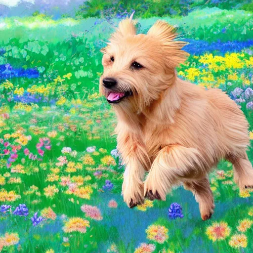 Image similar to A blond Norfolk terrier running and jumping through a field of beautiful flowers in the style of Studio Ghibli, very happy, detailed, award winning