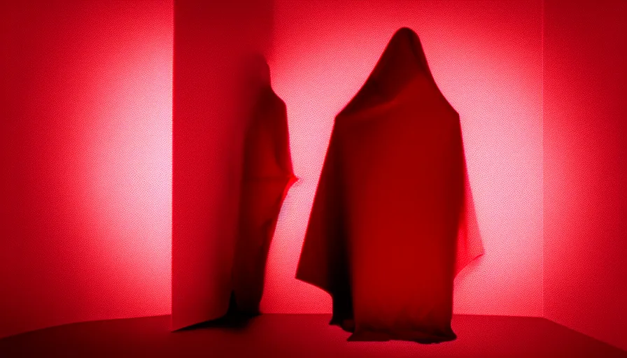 Prompt: photograph of enigmatic figure wrapped in red sheet in darkness, high contrast, hard light, digital art, rendering, cloth simulation, redshift