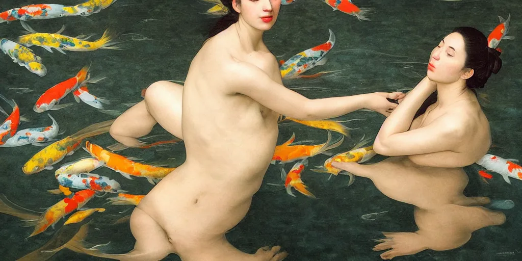 Image similar to beautiful oil matte portrait painting, woman surrounded by multiple koi fishes, wonderful masterpiece highly detailed, beautiful cinematic light deep focus, elegant, digital painting, smooth, sharp focus, golden ratio, dramatic illumination, ultra realistic, 8 k, art by artemisia lomi gentileschi and caravaggio