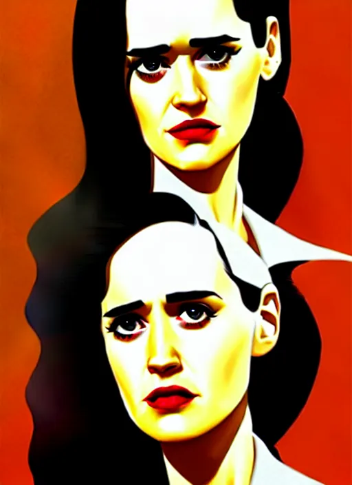 Image similar to detailed artwork by phil noto ; stylized painting of young jennifer connelly ; eva green ; young jennifer connelly from the rocketeer ; brush texture ; asymmetric composition ; paint texture ; trending on artstation ; gallery painting by phil noto, comic style