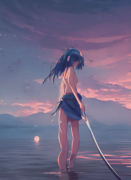 Image similar to anime girl with a katana walking on water, ripples, backdrop of dawn, backshot, saturn in the background, low angled illustration from demon slayer, concept art, anime, key visual, trending pixiv fanbox by wlop and greg rutkowski and makoto shinkai and studio ghibli