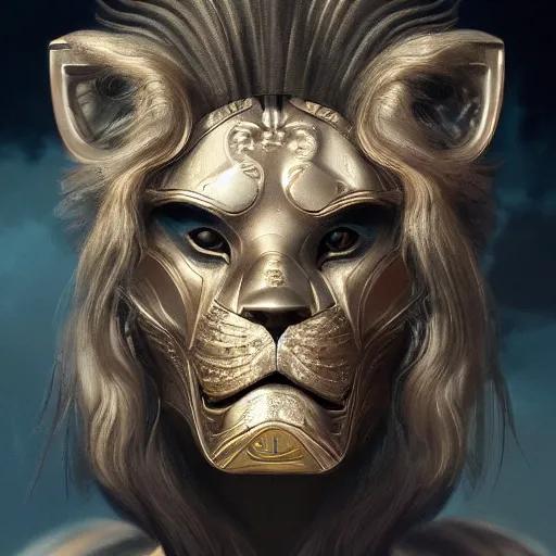 Prompt: Very very very very highly detailed epic zoom out photo of full face with lion venetian mask, intricate, dystopian, sci-fi, extremely detailed, digital painting, artstation, concept art, smooth, sharp focus, illustration, intimidating lighting, incredible art by Artgerm and Vincent di Fate and WLOP