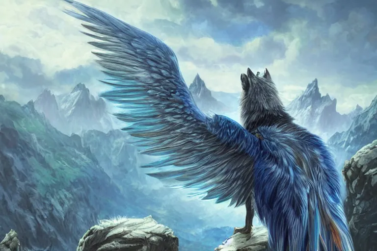 Image similar to Blue feathered wolf with wings on a beautiful fantasy landscape, hills, mountains, moonlit, HD, illustration, epic, D&D, fantasy, intricate, elegant, highly detailed, digital painting, artstation, concept art, smooth, sharp focus, illustration, wallpaper, art by artgerm and greg rutkowski and alphonse mucha and jin xiaodi