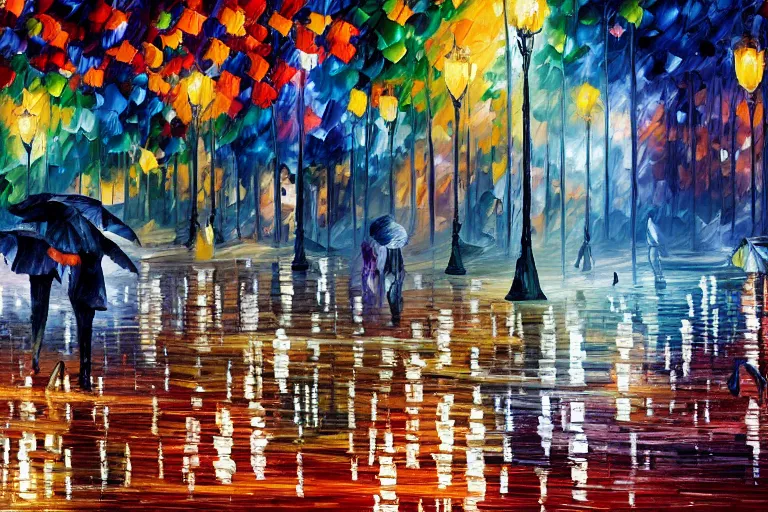 Image similar to a detailed painting of a park at night by leonid afremov and william de nuncques, rain puddles, a glitched dystopian city in the background, in foreground two plague doctors