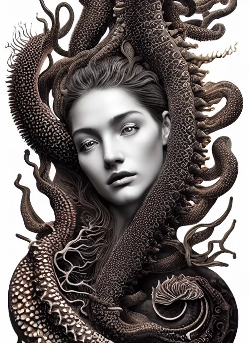 Prompt: ridiculously beautiful young womans face in dark color, layers of intricate swirling dimensions, coral, sea dragons, scales, tentacles, symmetrical, in the style of ernst haeckel, effervescent bubbles, sacred geometry, surrealism, photo realistic, epic and cinematic, 3 d, clear, sharp,