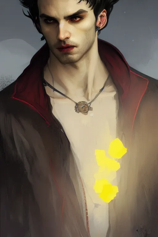 Image similar to portrait of a beautiful young fit male vampire with curly white hairs and yellow eyes, dressed with urban clothes, by greg rutkowski and alphonse mucha, d & d character, gradient white to red, modern nocturnal background, highly detailed portrait, digital painting, artstation, concept art, smooth, sharp focus ilustration, artstation hq