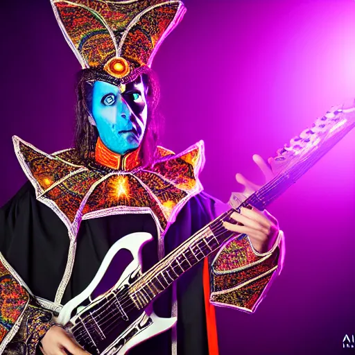 Prompt: uhd candid photo of cosmic dracula playing electric guitar in church, glowing, global illumination, studio lighting, radiant light, detailed, correct face, elaborate intricate costume. photo by annie leibowitz