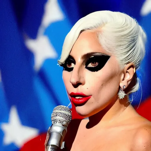 Image similar to Lady Gaga as president, Argentina presidential rally, Argentine flags behind, bokeh, giving a speech, detailed face, Argentina