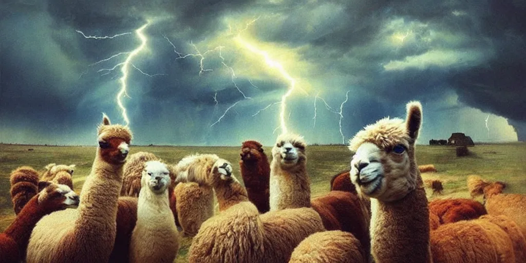 Prompt: a raging storm with lightning ripping open an iridescent portal to blue skies behind <photobomb>Alpaca with an extreme trollface</photobomb>, illustration, detailed, smooth, soft, warm, by Adolf Lachman, Shaun Tan, Surrealism