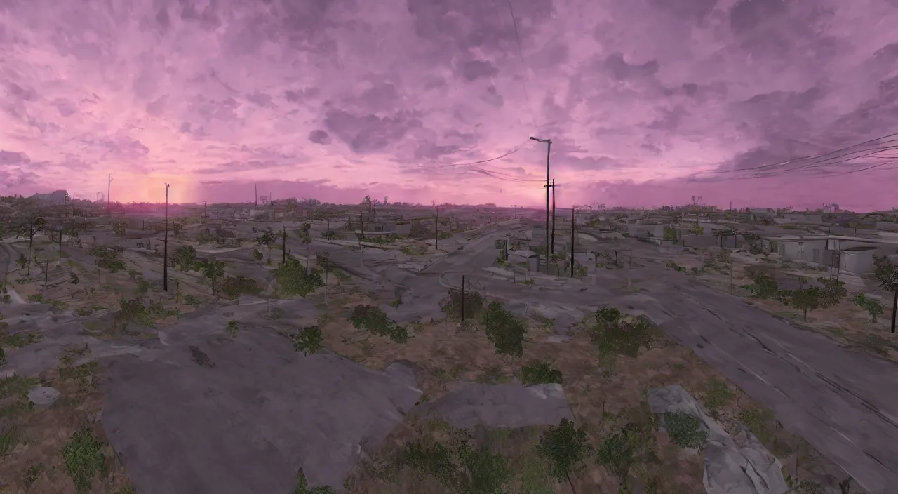 Image similar to hdr map of gta san andreas evening, pink sky, photorealistic, hyper detailed, hyper realistic, houdini, vfx, unreal engine 4, octane render, 8 k