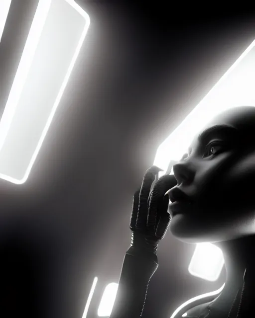 Prompt: black and white high quality photo of a beautiful female cyborg looking into a sci-fi mirror, volumetric lighting, liminal space, brutalism, foggy, dreamy, hyperdetailed, bokeh, photorealistic, cinematic, masterpiece, Metropolis, elegant, dark, octane render, 8K, in the style of H.R. Giger
