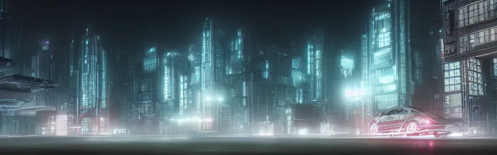 Prompt: an immaculate octane redshift rendering of a futuristic city scape at night in the fog. ambient occlusion. volumetric lighting.