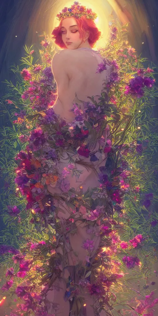 Prompt: 🌲🌌, light, vaporwave aesthetic, synthwave, colorful, psychedelic, crown, long gown, flowers, bees, butterflies, ribbons, ornate, intricate, digital painting, artstation, concept art, smooth, sharp focus, illustration, art by artgerm and greg rutkowski and alphonse mucha
