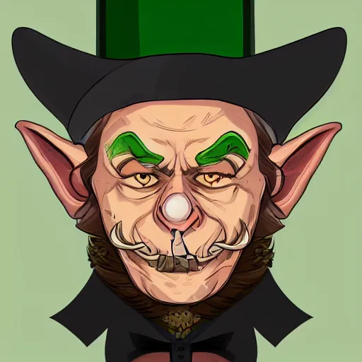 Image similar to a cartoonishly evil goblin, supervillain, top hat and luxurious handlebar moustache, green skin, cartoon style, d & d character portrait, victorian clothing, digital art, 8 k,