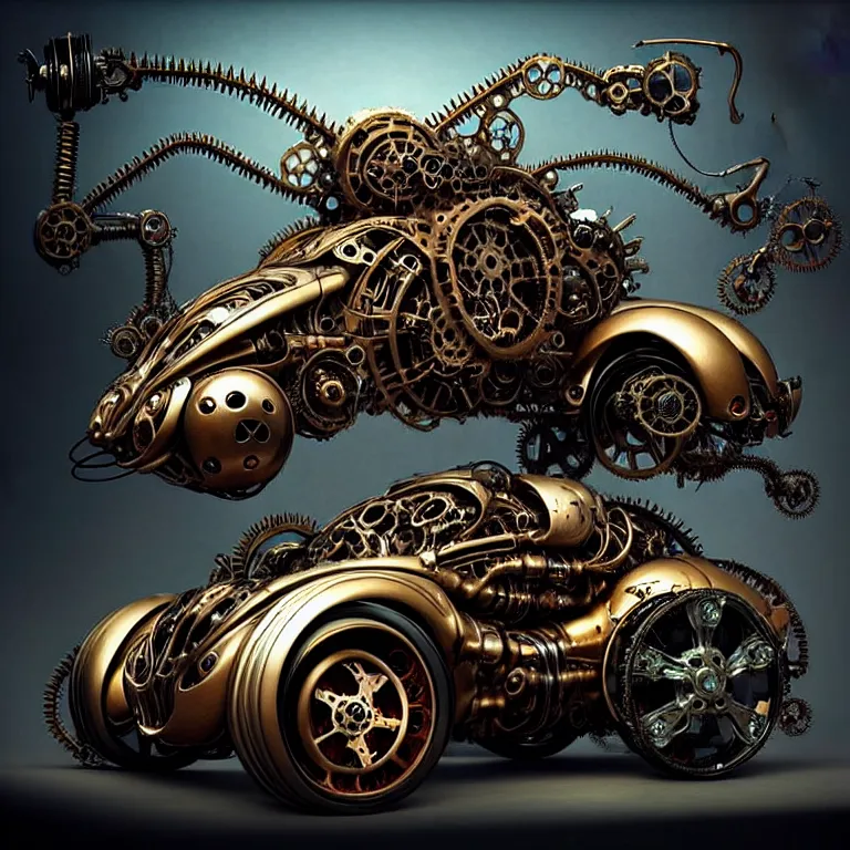 Image similar to biomechanical shiny steampunk vehicle reminiscent of very fast sportscar with robotic parts and (glowing) lights parked in ancient lush palace, gothic and baroque, brutalist architecture, ultradetailed, creepy ambiance, fog, artgerm, giger, Intricate by Ellen Jewett and Josan Gonzalez and Giuseppe Arcimboldo