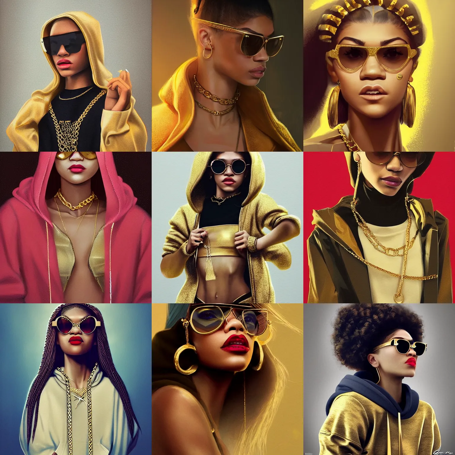 Prompt: Zendaya wearing designer hoodie as doja cat as cardi b wearing gold chain and sunglasses and gold hoop earrings by greg rutkowski by artgem trending on artstation hero concept art