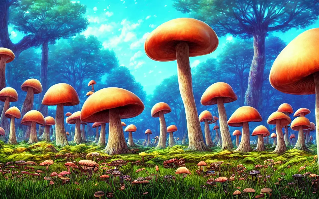 Image similar to the mushroom world is my home. virtual mushroom landscapes is like a spiritual journey through a mushroom forest. by dan mumford, yusuke murata, makoto shinkai, ross tran, cosmic, heavenly, god rays, intricate detail, cinematic, cel shaded, unreal engine, featured on artstation, pixiv