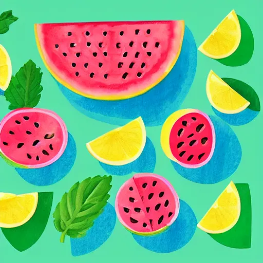 Prompt: retro, hd illustration of watermelons and lemons, mint leaves, inspired by watercolor masterpieces, matisse, malevich, david hockney, colorful, happy, trending on artstation, 4 k