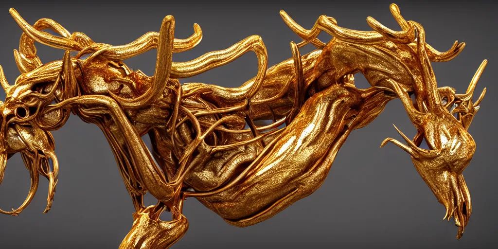 Image similar to stylized shiny polished gold statue full body bizarre extra limbs cosmic horror quadruped animal moose deer skull four legs made of marble of slug worm creature tendrils perfect symmetrical body perfect symmetrical face hyper realistic hyper detailed by johannen voss by michelangelo octane render blender 8 k displayed in pure white studio room anatomical deep red arteries veins flesh hell