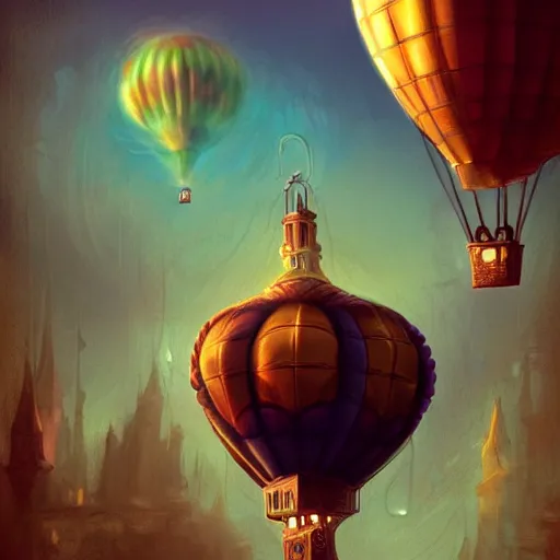 Image similar to a beautiful stunning fantasy whimsical matte digital illustration of a hot - air balloon powered by magic over a lit city at night by marc simonetti, pastel color palette, disney magic the gathering steampunk, chiaroscuro magical bokeh moon stars dramatic romantic, trending on artstation hq, masterpiece