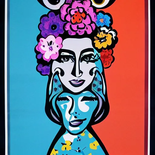 Image similar to 70s graphic design poster with a woman’s face, flower child, groovy, retro, hippie