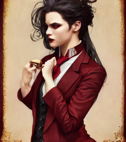 Image similar to a female vampire a golden waistcoat, red shirt, grey hair, red necktie, cinematic, stunning, highly detailed, digital painting, artstation, smooth, hard focus, full body shot, illustration, art by artgerm and greg rutkowski and alphonse mucha