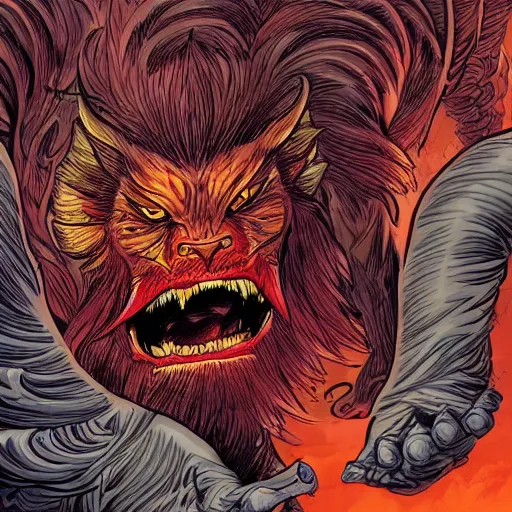 Prompt: precisely drawn illustration of raging manticore, wide angle, sharp, fine details, French comic style, vibrant realistic colors, full color, heroic fantasy, intense line art, 8k, precise linework, realistic, in the style of Richard Corben and Moebius