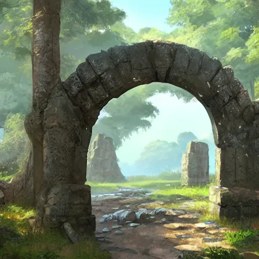 Image similar to concept art painting of a single free standing ancient stone archway, in the woods, realistic, detailed, cel shaded, in the style of makoto shinkai and greg rutkowski and james gurney