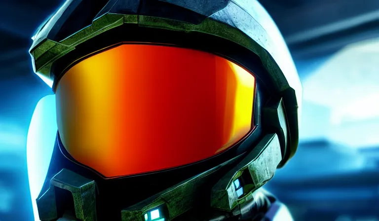 Image similar to cyberpunk halo helmet on space, planet behind, close shot, reflection, epic, dramatic, cinematic, award winning, ultra detailed, realistic, 8k,