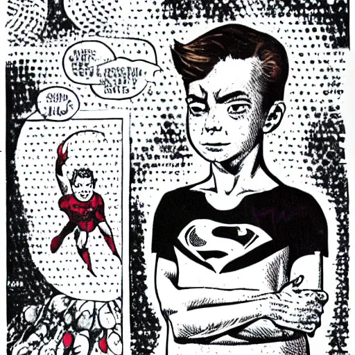 Image similar to a cute little boy with a mischievous face and ginger hair. he is dressed as a superhero. well composed, clean elegant painting, beautiful detailed face. comic book art by steve ditko and jack kirby