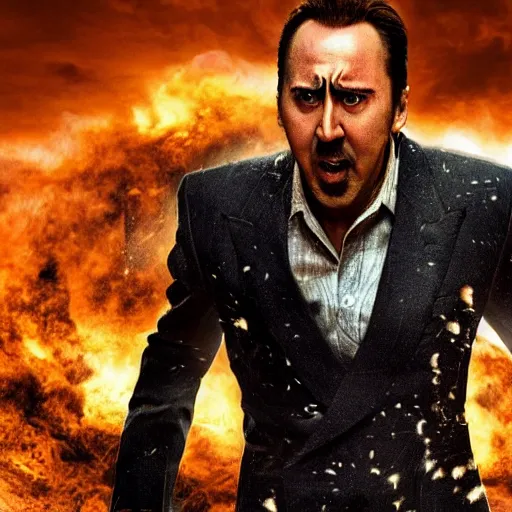 Image similar to the end of the world, shattered earth, judgment day, cinematic, disaster movie, 8k UDH, Upon a Pale Horse, starring Nic Cage, sly smile