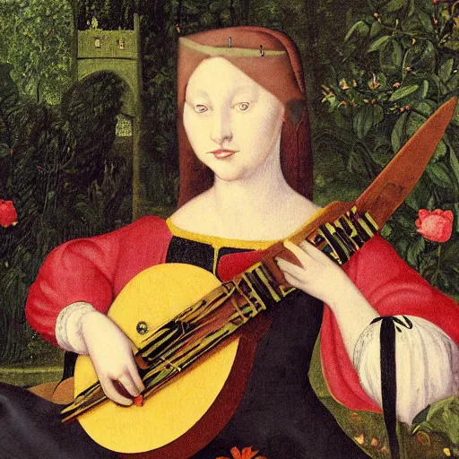Prompt: cat with lute, sitting in the rose garden, medieval portrait, by franz mark, close up