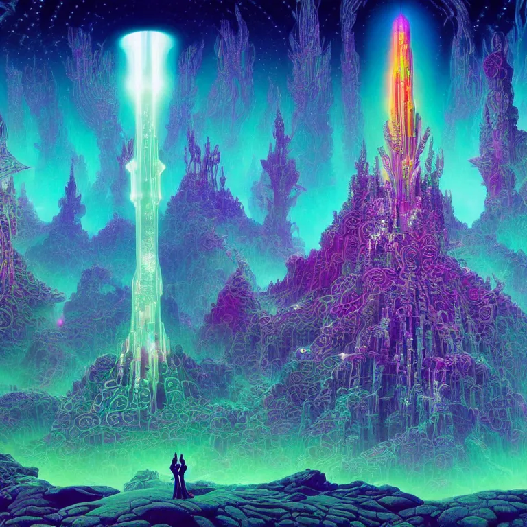 Prompt: mysterious satellites over epic mystical crystal temple, infinite fractal tesseract, quantum waves, synthwave, bright neon colors, highly detailed, cinematic, eyvind earle, tim white, philippe druillet, roger dean, ernst haeckel, lisa frank, aubrey beardsley, kubrick