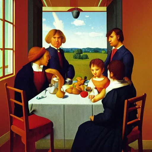 Prompt: A brillaint rendition of a family supper by Raphael, Hopper, and Rene Magritte. detailed, romantic, enchanting, trending on artstation.