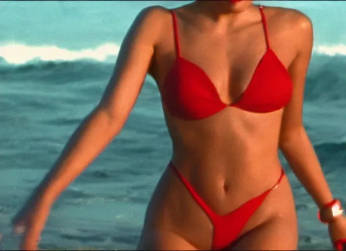 Prompt: a pov, film still of dua lipa as pamela anderson in baywatch, cinematic.