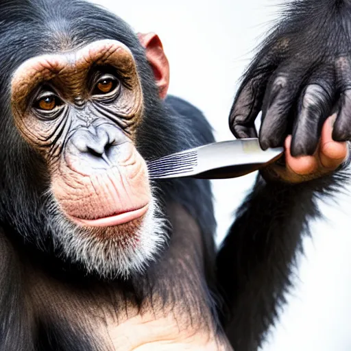 Image similar to chimpanzee getting a haircut at the barber, realistic, cute, photogenic, well lit