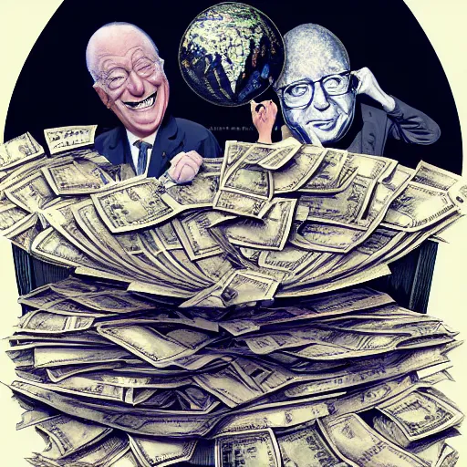 Image similar to Jacob Rothschild and george soros, bill gates and Klaus Schwab by Ralph Steadman, are counting stacks of money around a desk globe illustration, body horror, biopunk, 8k , trending on artstation