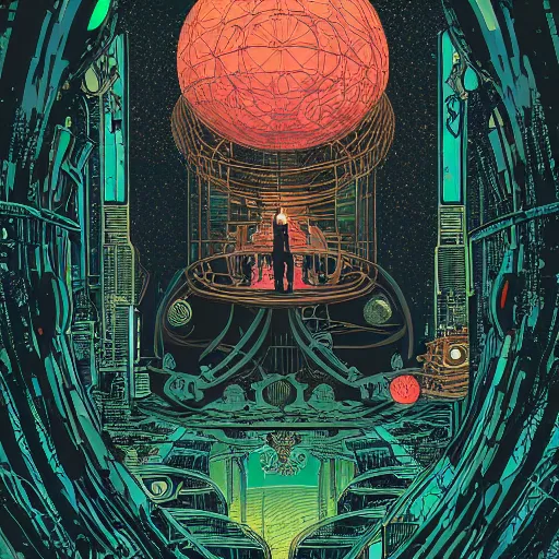 Prompt: Stunningly intricate illustration of single cyberpunk explorer overlooking lush forest, highly detailed, midnight, small glowing orbs by Josan Gonzalez and Dan Mumford , Moebius, Laurie Greasley